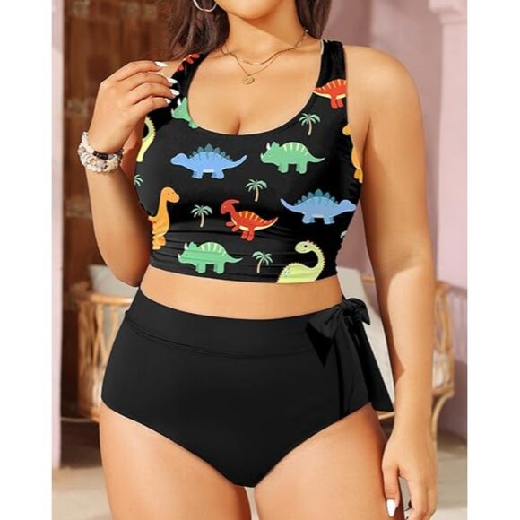 Tempt Me Plus Size 16 Bikini Set Womens Dino Print Crop Top Black High Waisted - Picture 4 of 8